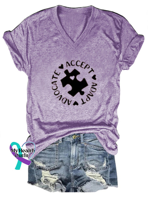 Puzzle Autism Awareness Printed Casual V-Neck Short Sleeve T-Shirt Purple / S