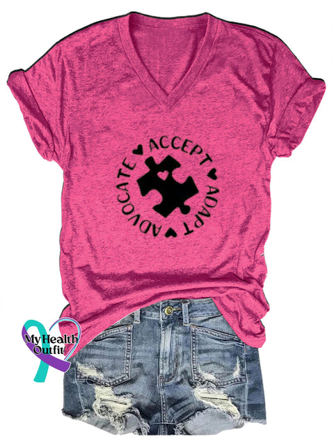 Puzzle Autism Awareness Printed Casual V-Neck Short Sleeve T-Shirt RoseRed / S