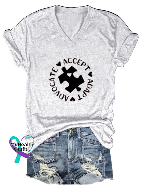 Puzzle Autism Awareness Printed Casual V-Neck Short Sleeve T-Shirt White / S