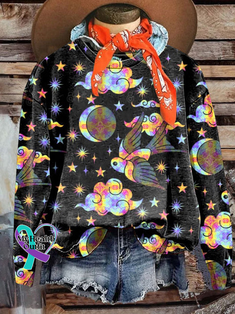 Rainbow Bird In The Night Sky Retro Hippie Casual Sweatshirt Multicolor / S