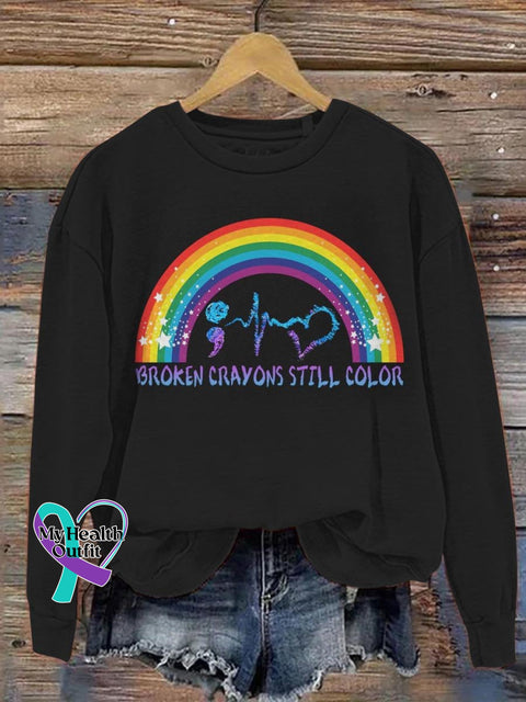 Rainbow Broken Crayons Still Color Suicide Awareness Art Print Casual Sweatshirt Black / S