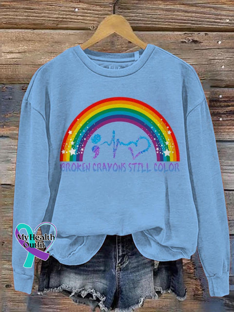 Rainbow Broken Crayons Still Color Suicide Awareness Art Print Casual Sweatshirt Blue / S