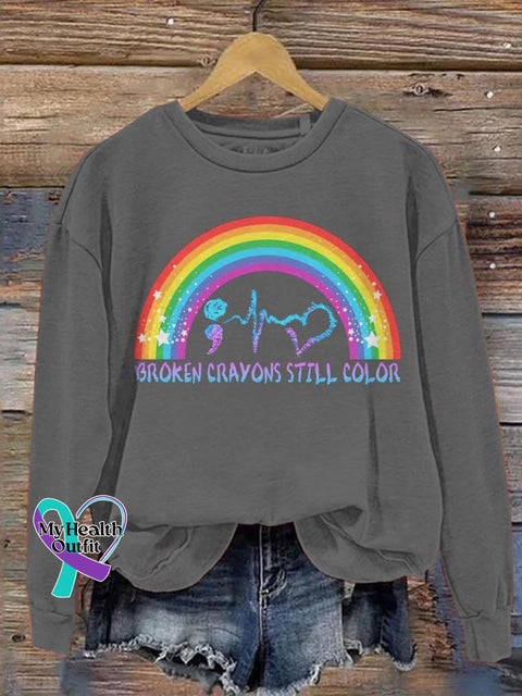 Rainbow Broken Crayons Still Color Suicide Awareness Art Print Casual Sweatshirt Grey / S