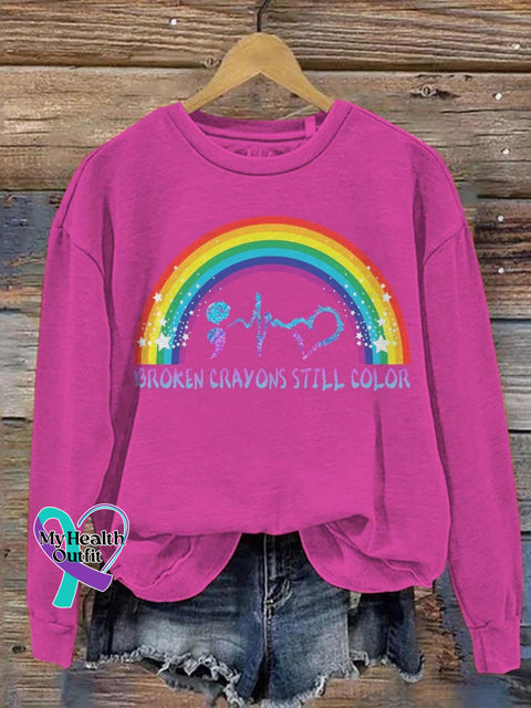 Rainbow Broken Crayons Still Color Suicide Awareness Art Print Casual Sweatshirt Pink / S