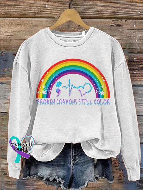 Rainbow Broken Crayons Still Color Suicide Awareness Art Print Casual Sweatshirt White / S