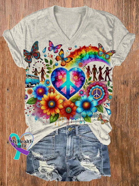 Rainbow Butterfly Heart Peace Print Casual V-neck Short Sleeve T-shirt Multicolor / S