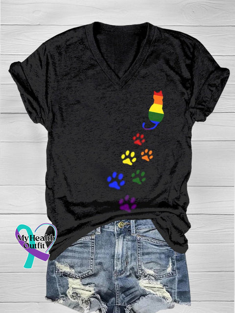 Rainbow Cat Art Print Casual T-Shirt Black / S