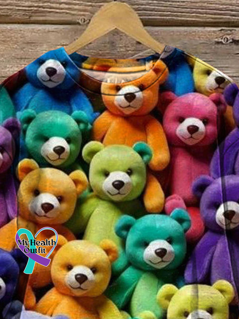 Rainbow Color Teddy Bear Pattern Printed Casual Sweatshirt