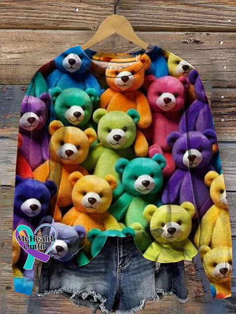 Rainbow Color Teddy Bear Pattern Printed Casual Sweatshirt Multicolor / S