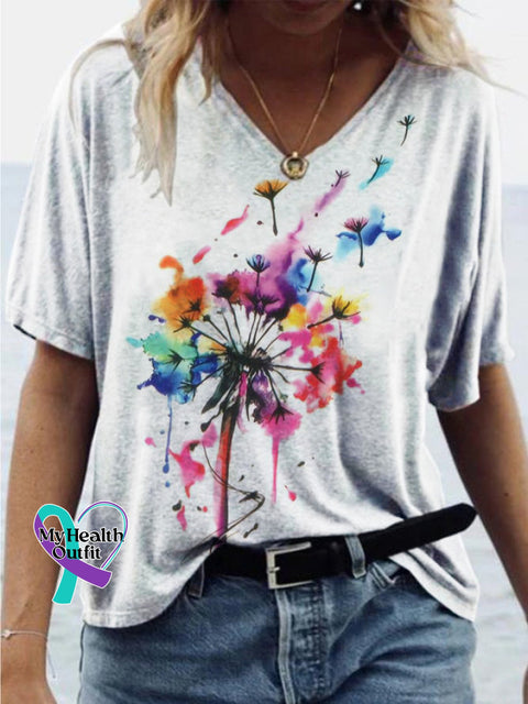 Rainbow Dandelion Let It Go Printed Casual V-neck Short-sleeved T-shirt Multicolor / S