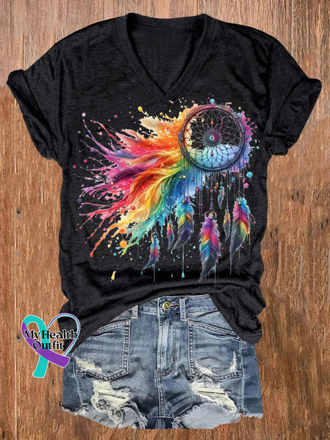 Rainbow Dreamcatcher Print Casual V-Neck Short Sleeve T-Shirt Black / S