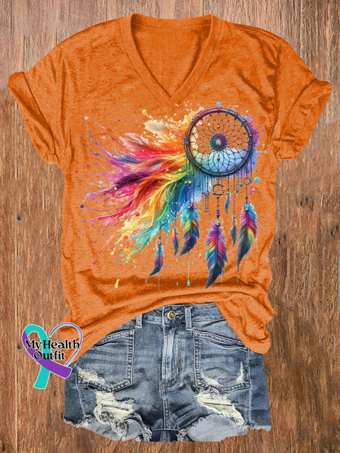 Rainbow Dreamcatcher Print Casual V-Neck Short Sleeve T-Shirt Orange / S