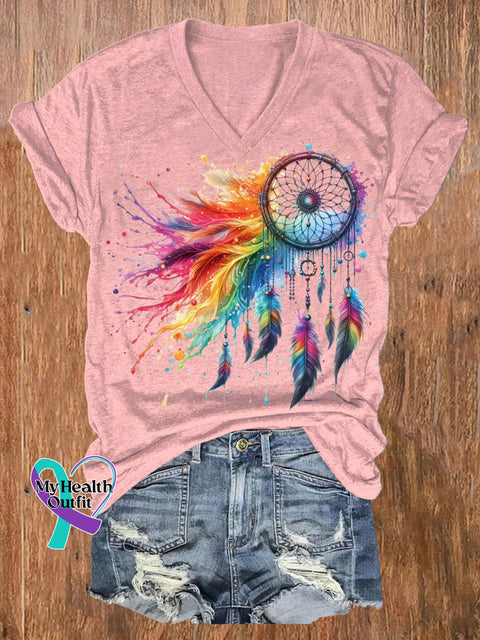 Rainbow Dreamcatcher Print Casual V-Neck Short Sleeve T-Shirt Pink / S