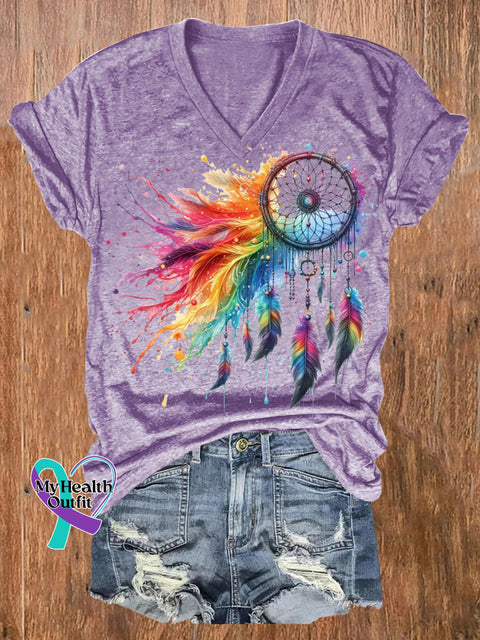Rainbow Dreamcatcher Print Casual V-Neck Short Sleeve T-Shirt Purple / S