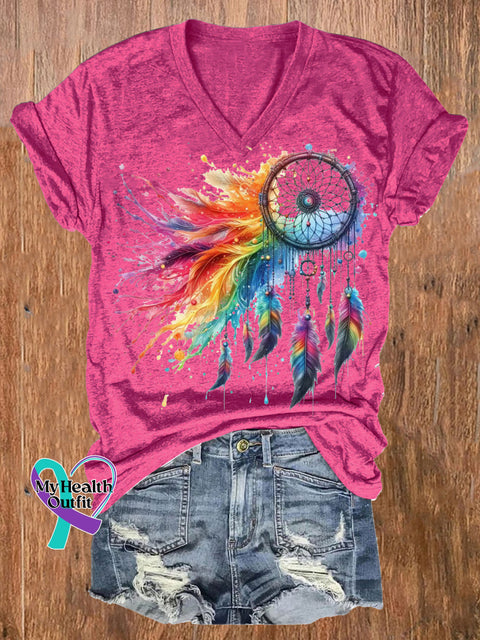 Rainbow Dreamcatcher Print Casual V-Neck Short Sleeve T-Shirt RoseRed / S