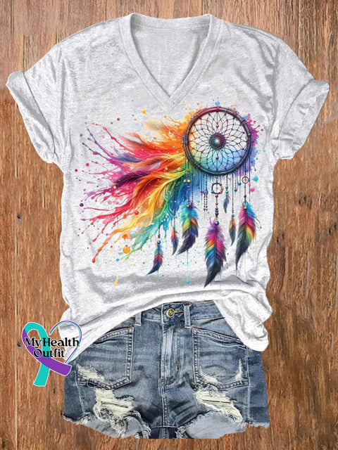 Rainbow Dreamcatcher Print Casual V-Neck Short Sleeve T-Shirt White / S