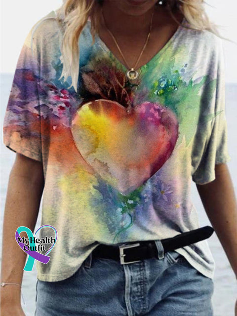 Rainbow Heart Gradient Print Casual V-neck Short Sleeve T-shirt Multicolor / S