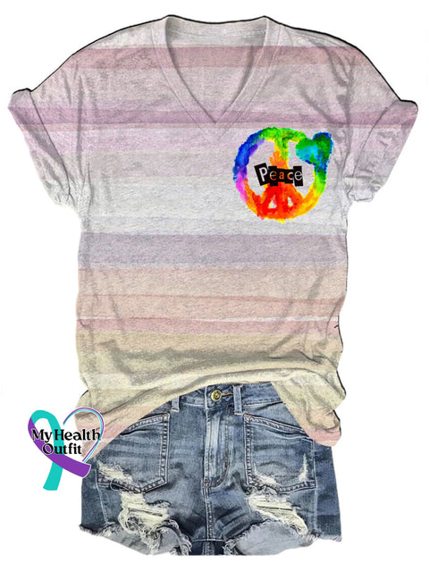 Rainbow Peace Striped Print Casual V-Neck Short Sleeve T-Shirt Multicolor / S