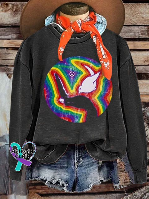 Rainbow Retro Hippie Print Casual Sweatshirt Black / S