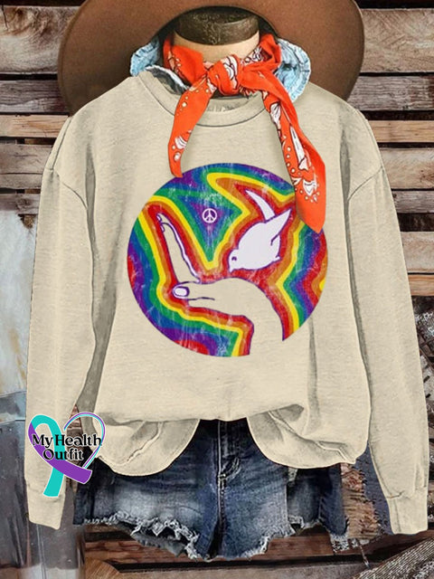 Rainbow Retro Hippie Print Casual Sweatshirt Sand / S