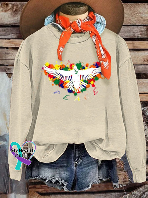 Rainbow Retro Hippie Print Casual Sweatshirt Sand / S
