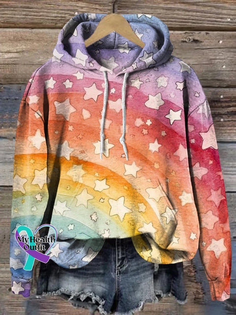 Rainbow Star Print Casual Hoodie Multicolor / S
