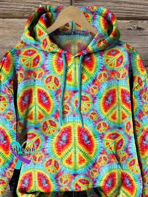 Rainbow Tie Dye Peace Sign Pattern Printed Casual Hoodie Sweatshirt