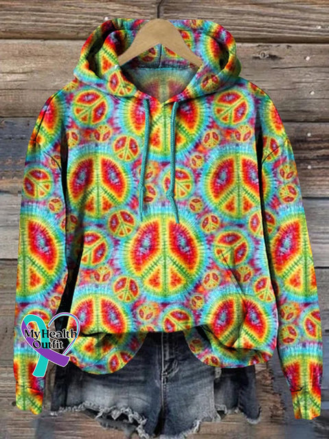 Rainbow Tie Dye Peace Sign Pattern Printed Casual Hoodie Sweatshirt Multicolor / S
