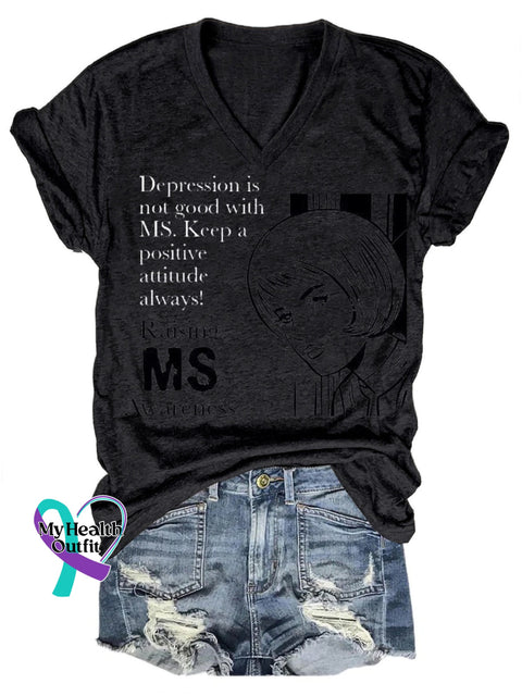 Rasing Multiple Sclerosis Awareness Portrait Print V-Neck Casual Short Sleeve T-Shirt Black / S