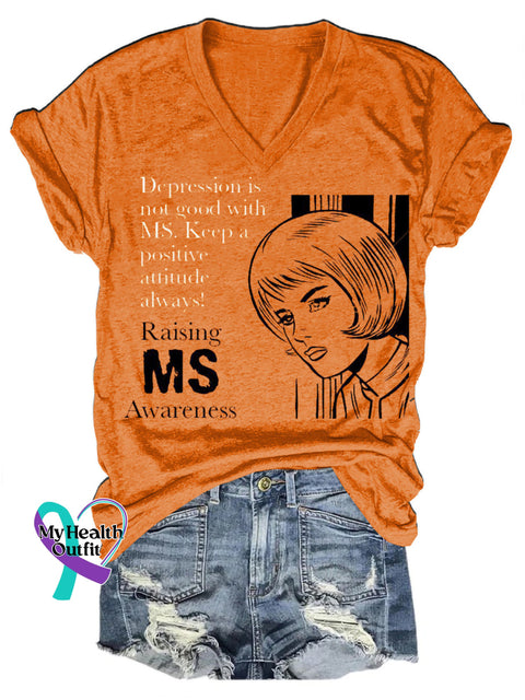 Rasing Multiple Sclerosis Awareness Portrait Print V-Neck Casual Short Sleeve T-Shirt Orange / S