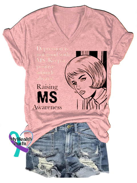 Rasing Multiple Sclerosis Awareness Portrait Print V-Neck Casual Short Sleeve T-Shirt Pink / S