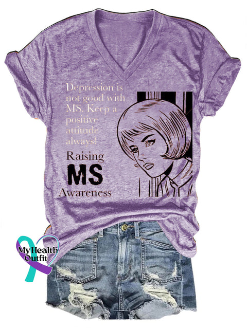 Rasing Multiple Sclerosis Awareness Portrait Print V-Neck Casual Short Sleeve T-Shirt Purple / S