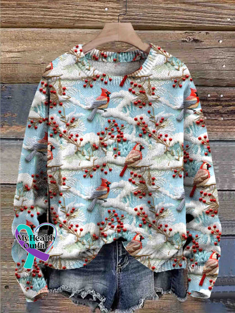 Red Bird On The Christmas Tree Bbranch Round Neck Trendy Retro Casual Printed Sweater Multicolor / M