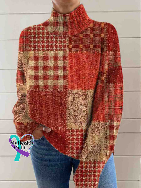 Red Collage Art Print Knit Turtleneck Pullover Sweater Multicolor / S