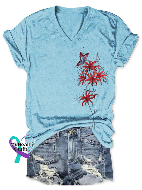 Red Spider Lily Art Print V-neck Casual T-Shirt Blue / S