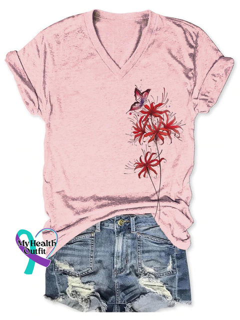 Red Spider Lily Art Print V-neck Casual T-Shirt Pink / S