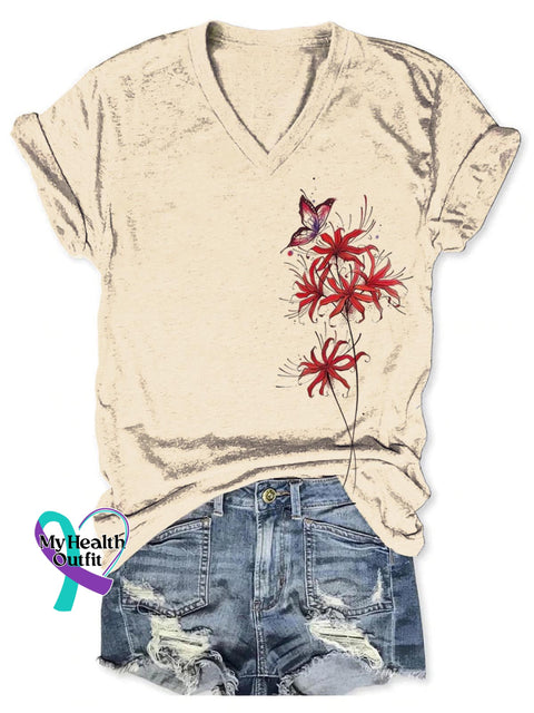 Red Spider Lily Art Print V-neck Casual T-Shirt Sand / S