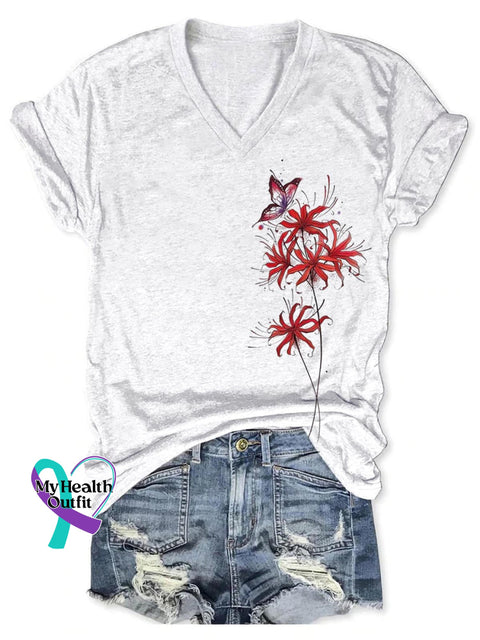 Red Spider Lily Art Print V-neck Casual T-Shirt White / S
