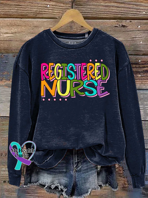 Registered Nurse Rainbow Texts Graphic Printed Casual Sweatshirt Navy / S