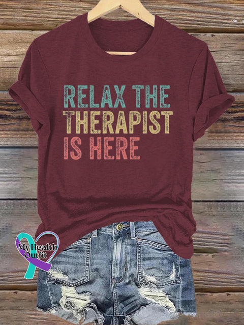 Relax Therapist Here Mental Health Matters Printed Casual Crew Neck Short Sleeve T-Shirt Brown / S