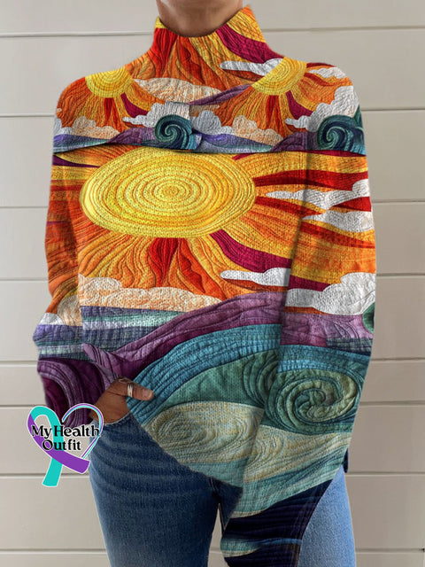 Retro Art Print Knit Turtleneck Pullover Sweater Multicolor / S