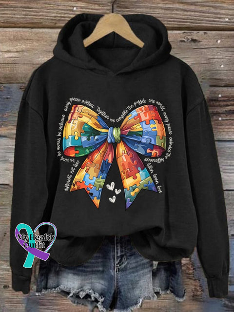 Retro Autism Acceptance Puzzle Bowknot Print Hoodie Black / S