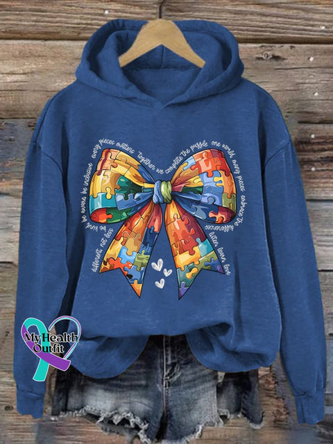 Retro Autism Acceptance Puzzle Bowknot Print Hoodie Blue / S