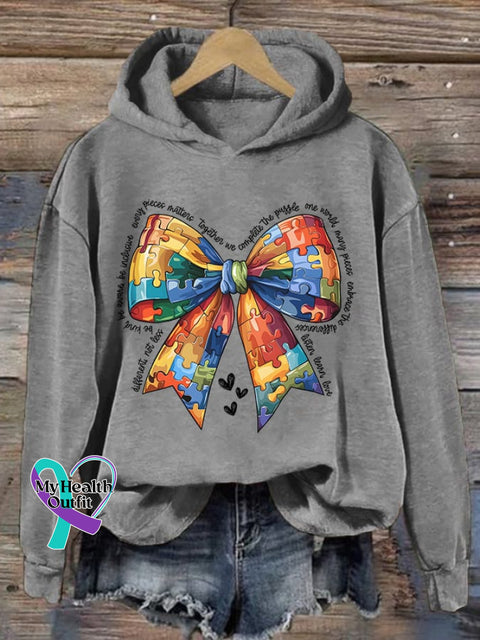 Retro Autism Acceptance Puzzle Bowknot Print Hoodie Light Grey / S