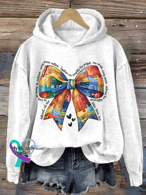 Retro Autism Acceptance Puzzle Bowknot Print Hoodie White / S