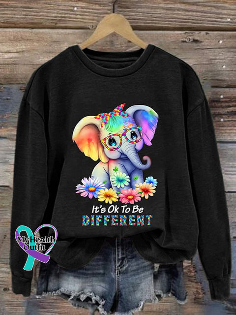 Retro Autism Awareness Elephant It’s Ok To Be Different Print Sweatshirt Black / S