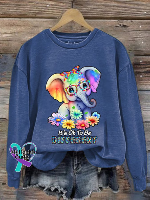 Retro Autism Awareness Elephant It’s Ok To Be Different Print Sweatshirt Blue / S