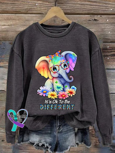 Retro Autism Awareness Elephant It’s Ok To Be Different Print Sweatshirt Dark Grey / S