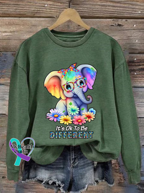 Retro Autism Awareness Elephant It’s Ok To Be Different Print Sweatshirt Green / S