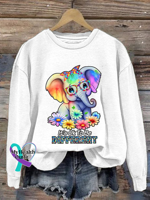 Retro Autism Awareness Elephant It’s Ok To Be Different Print Sweatshirt White / S